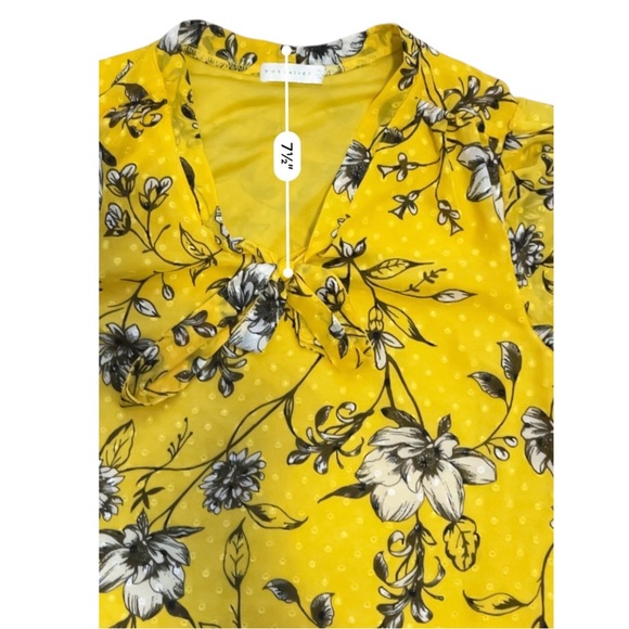 Retrology retro floral yellow blouse Women PL rushed short sleeves V- neck bow - Picture 13 of 16